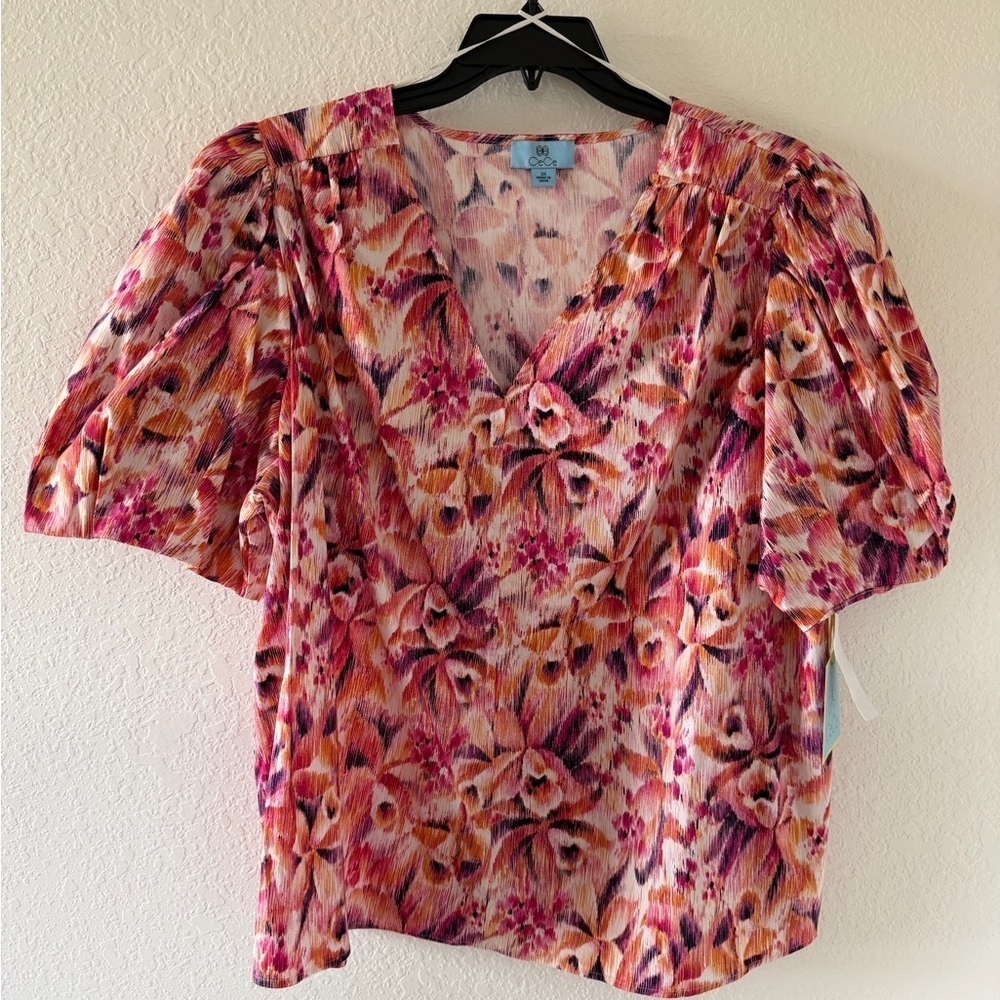 CeCe Floral V-Neck Puff Sleeve Top Size 3X